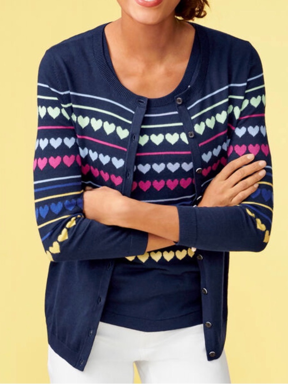 NWT Talbots Charming Cardigan Hearts & Stripes Button Front Sz Large in Navy